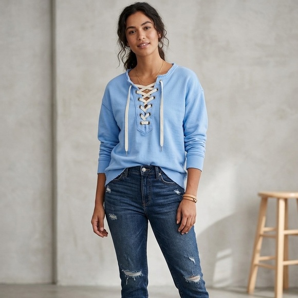 aerie Tops - Aerie Light Blue Lace-Up Sweatshirt
